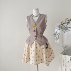 批发博主同款MONSTERMING新品珠绣英伦亚麻<b class='q'>西装</b>收腰马甲伞<b class='q'>裙</b>短<b class='q'>裙</b>女