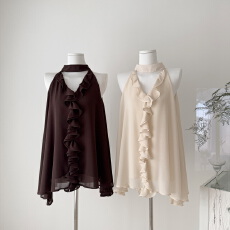 批发林初一荷叶边<b class='q'>无袖</b>挂脖吊带背心女夏季高级感独特绝美露肩显瘦上衣