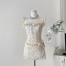 批发迟<b class='q'>伞</b><b class='q'>伞</b>26/ss 明媚橘光 小黄花撞色刺绣花边系带上衣短<b class='q'>裙</b>甜美套装