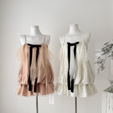 批发Xinh越南设计师 Aguja  新款纯欲风减龄复古<b class='q'>波点</b>蝴蝶结抹胸A字裙