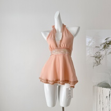 批发雪纺<b class='q'>连衣裙</b>女古早温柔风生日小礼服重工<b class='q'>钉珠</b>纯欲性感挂脖收腰短裙