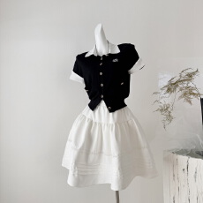 批发POPWEST丨撞色拼接<b class='q'>针织</b>短袖<b class='q'>开衫外套</b>压褶A字伞裙中长裙学院风套装