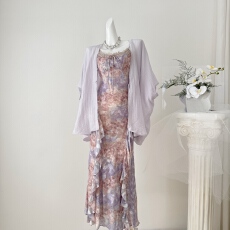 solo爆爆~暮时花朝~晕染碎花连衣裙女法式绣花拼接一字肩吊带长裙