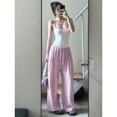 批发多巴胺撞色格子裤子女2025春<b class='q'>夏</b>新款高腰休闲小个子冰丝山本阔腿裤