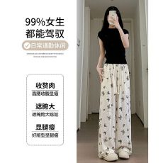 批发原版面料有内里夏季薄款高腰慵懒休闲烫钻蝴蝶印花<b class='q'>冰</b><b class='q'>丝</b>阔腿裤
