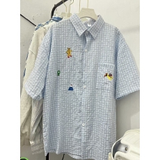 批发[] 韩系<b class='q'>刺绣</b>蓝色格子短袖<b class='q'>衬衫</b>女夏季新款宽松显瘦多巴胺穿搭