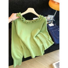 批发实拍 秋冬木耳边一字肩斜肩独特漂亮蝙蝠袖上衣<b class='q'>宽松</b>显瘦针织衫女