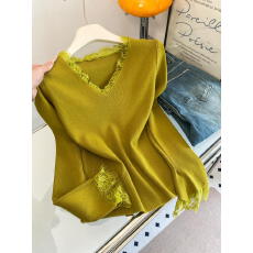 批发实拍 法式纯欲V领蕾丝拼接喇叭袖修身<b class='q'>显瘦</b>秋冬长袖内搭针织上衣女