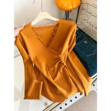 批发实拍 韩系设计感小众<b class='q'>不规则</b>蕾丝花边收腰褶皱交叉V领打底衫上衣女