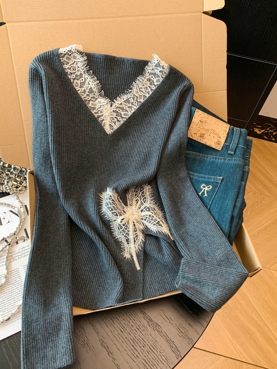 MY15478# 法式立体蝴蝶装饰V领蕾丝拼接甜美修身显瘦内搭秋冬针织上衣...