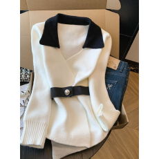 实拍 韩系撞色小香风V领针织上衣女秋冬新款高级感配腰带收腰毛衣