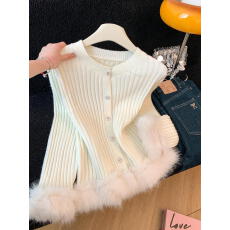 实拍 法式小香风下摆毛毛拼接圆领单排扣秋冬针织开衫外套上衣女