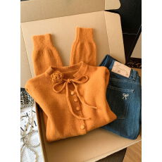 批发实拍 韩系甜美<b class='q'>立体</b><b class='q'>花朵</b>蝴蝶结长袖毛衣针织外套秋冬单排扣<b class='q'>上衣</b>女