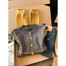 实拍  假两件条纹撞色针织开衫女春秋灯芯绒衬衫拼接圆领百搭上衣