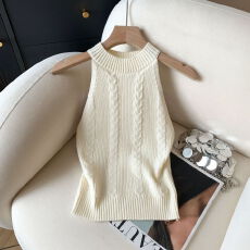 批发实拍 法式杏色针织背心美式内搭外穿辣妹性感百搭挂脖露肩上衣女