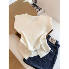 批发实拍 法式小飞袖收腰无袖针织T恤女夏季新款正肩开叉设计感上衣女