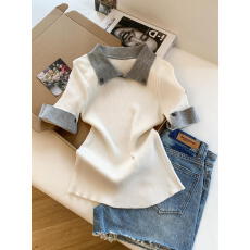 批发实拍 韩系Polo领拼接<b class='q'>假两件</b>天丝<b class='q'>针织衫</b>夏季修身显瘦短款上衣女潮