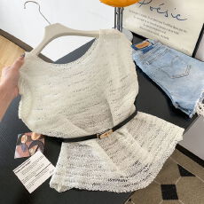 批发实拍 法式温柔风飞飞袖针织衫慵懒风宽松显瘦镂空配腰带上衣女<b class='q'>夏</b>
