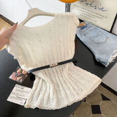 批发实拍 法式麻花镂空针织衫女修身显瘦飞飞袖短袖上衣女<b class='q'>夏</b>季配腰带