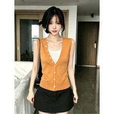 批发AI图 韩系V领纽扣撞色<b class='q'>假两件</b>无袖<b class='q'>针织衫</b>女夏季休闲百搭显瘦上衣潮