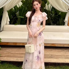 批发新款高级感印花荷叶领<b class='q'>连衣</b>裙女夏季薄纱修身显瘦<b class='q'>长裙</b>原创