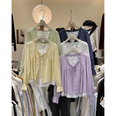 法式复古翻领修身假两件长袖衬衫 提花工艺 轻奢氛围感