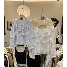 法式复古翻领修身印花长袖衬衫 提花工艺 木耳边细节