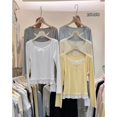 批发【Miss Lin】假两件蕾丝拼接<b class='q'>修身</b>显瘦打底内搭上衣小衫