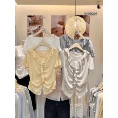 批发轻奢极简风喇叭袖荷叶边不规则修身设计别致小衫