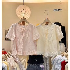 批发韩国东大门气质通勤风百搭简约泡泡袖木耳边上衣