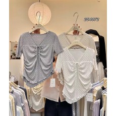 批发法式气质V领波点小个子不规则收腰小衫