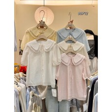 批发韩国东大门文艺气质甜美百搭简约娃娃翻领小衫