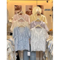 批发温柔V领荷叶花边时尚好看显瘦上衣