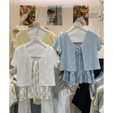 批发韩版<b class='q'>甜美</b>短袖系带开衫木耳边荷叶边吊带两件套