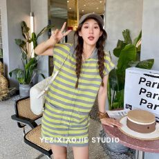 批发条纹POLO裙无袖气质女夏季宽松短款飞飞袖小众针织连衣裙时尚撞色