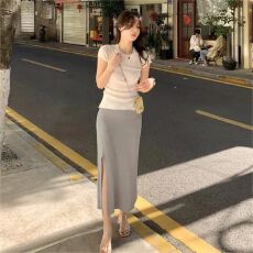 批发2026夏针织半身裙女a字裙中长款高腰显瘦一步裙开叉薄款包臀裙子