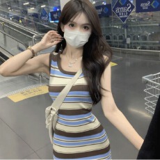 批发撞色条纹针织背心连衣裙女夏收腰显瘦无袖t恤裙辣妹直筒包臀长裙
