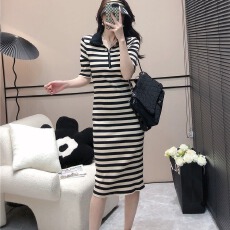 批发韩版休闲时尚条纹连衣裙女夏季2026年新款拉链短袖港风针织中长裙