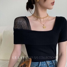 批发<b class='q'>网纱</b>拼接T恤女短袖夏装2026新款性感露锁骨<b class='q'>上衣</b>洋气百搭半袖小衫