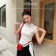 批发2026年夏新款半高领简约百搭<b class='q'>不规则</b>绑带设计修身短袖针织上衣