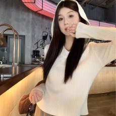 批发灰色套头毛衣针织衫外套<b class='q'>女</b>装秋季新款连帽卫衣修身打底上衣高级感