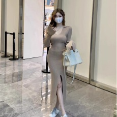 批发温柔风v领针织连衣裙女26秋季长袖修身开叉显瘦收腰内搭包臀裙子