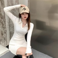 批发个性运动风长袖polo领针织连衣裙女2025秋季新款修身显瘦包臀短裙