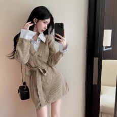 批发<b class='q'>撞色</b>假两件针织衬衫领拼接裙子秋冬法式收腰气质宽松显瘦<b class='q'>连衣裙</b>