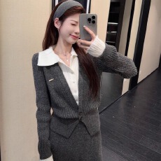 批发2025年秋冬百搭时尚韩版polo领拼接<b class='q'>假两件</b>撞色收腰<b class='q'>针织衫</b>毛衣上衣