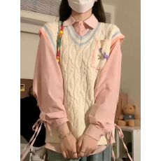 批发ins风日系学院风休闲百搭针织马甲背心毛衣女学生秋季+绑带衬衫