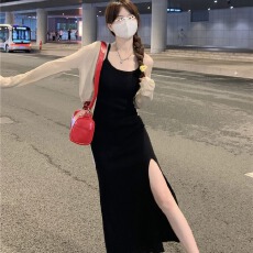 批发绿色针织吊带<b class='q'>连衣裙</b>女2025年新款内搭纯欲<b class='q'>气质</b>性感长裙收腰开叉裙