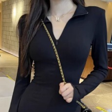 批发纯欲立领修身<b class='q'>连衣裙</b>秋季<b class='q'>气质</b>长款鱼尾裙女针织包臀裙2025新款长袖