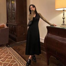 批发2025年秋冬季新款美式复古<b class='q'>气质</b>百搭风撞色减龄插肩袖针织连衣裙女