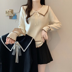 批发减龄蝴蝶结娃娃领长袖毛衣女2025年秋冬mm小香风气质显瘦针织衫